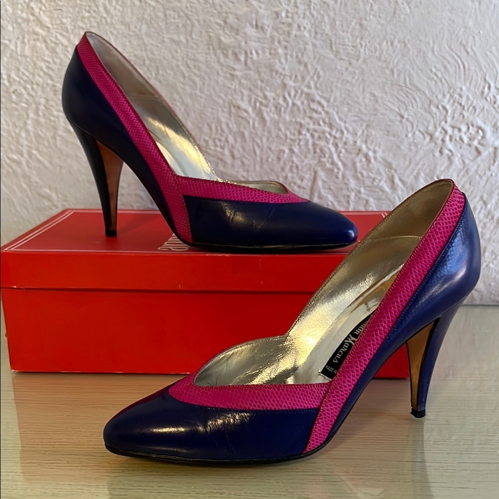 Sophisticated Blue and Pink High Heels with Glossy Finish